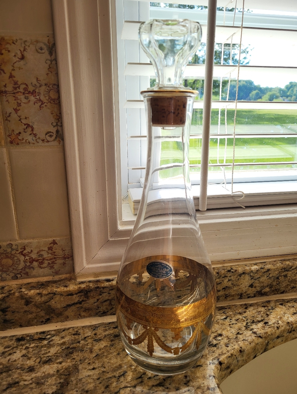 Vintage Cristallerie Italiane 13 Inch Takk Glass Decanter with Gold Gilding